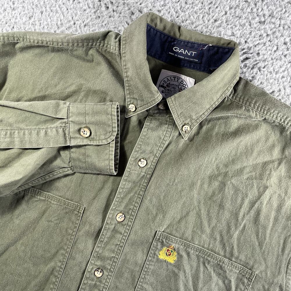 Vintage 90s Gant Salty Dog Shirt Mens Medium Green Crest Logo Button Down Cotton
